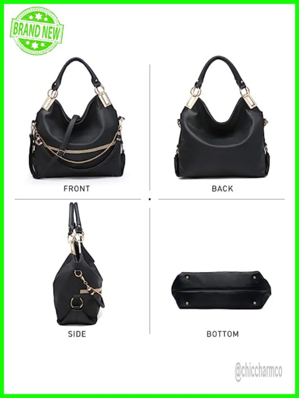 Large Hobo Bag with Rhinestone Accents Vegan Leather Tote Shoulder Handbag